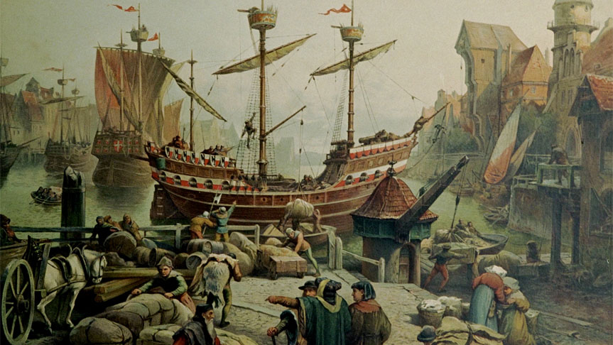 Hamn i Hansestad, 1890-1910 - målning