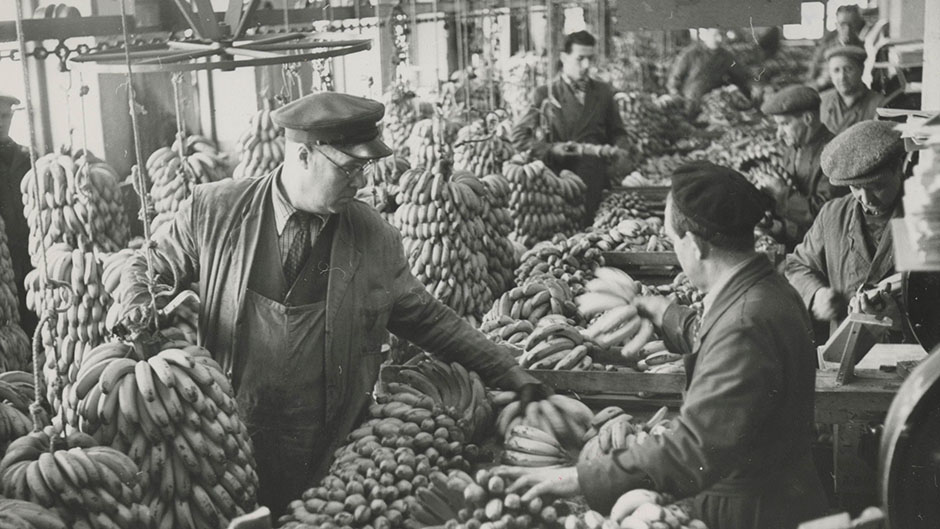 Många män omgivna av mängder av bananklasar.