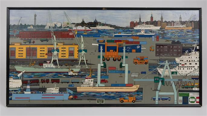 Tavla som användes i en annonskampanj för Stockholms Hamnar 1973. 